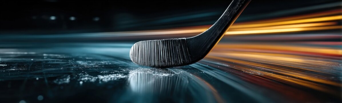 A close up of a hockey stick on a surface with blurry lights sport background
