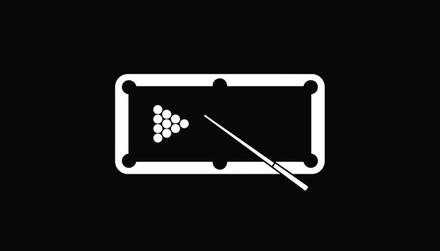 Minimalist white silhouette icon of a pool table with a cue stick and a triangle of balls on a black background.