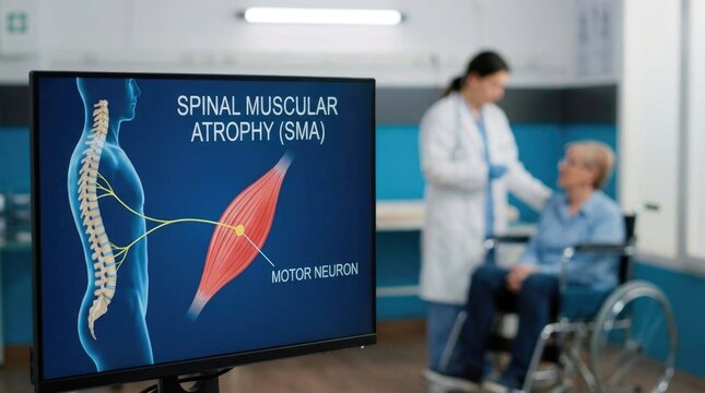 SMA clinic monitor: spinal disease, muscular atrophy, motor neuron, wheelchair patient, doctor consult, medical diagnosis, health care, genetic condition, nerve signal, vertebral anatomy.