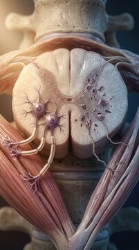 Neuromuscular pathogenetic pathway: spinal cord, motor neuron, muscular atrophy, cellular degeneration, nerve damage, muscle fiber, SMA disorder, genetic mutation.