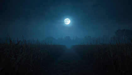 Naklejka premium Full moon above a cornfield at night — part of a folk horror and dark poetry series