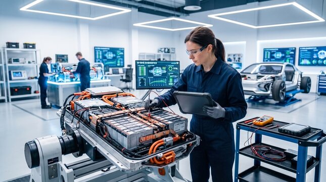 Female engineer testing electric vehicle battery pack with diagnostic equipment in high tech laboratory