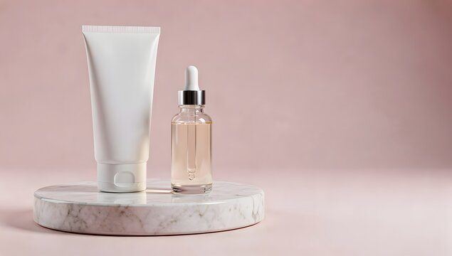 Blank skincare tube and glass dropper bottle on pale marble