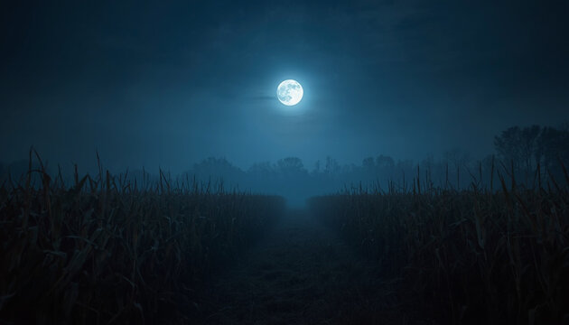 Full moon above a cornfield at night &mdash; part of a folk horror and dark poetry series