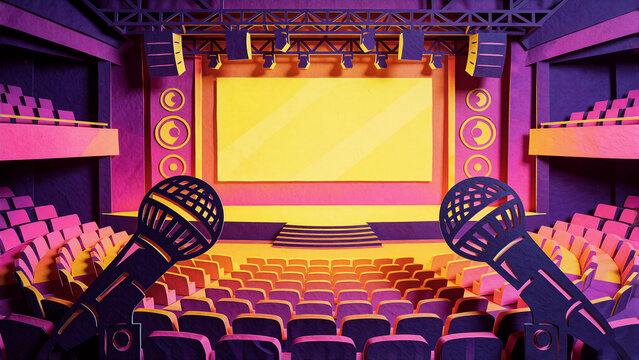 karaoke big stage with microphones and audience in cartoon illustration style