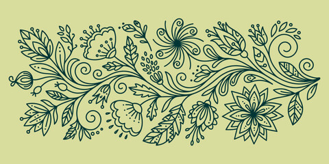 Fototapeta premium Folk Art Floral Vector Header with Botanical Line Drawings