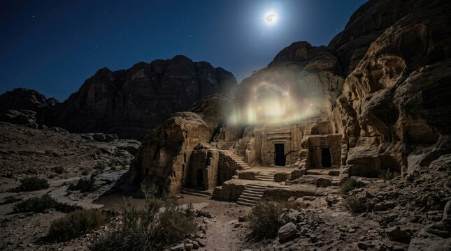 Divine mountain cave: Prophet Muhammad, holy Revelation, mystic glow, spiritual light, ancient sanctuary, stellar canopy, desert hill, moonlit scenery, sacred spot.