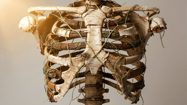 Human skeleton torso crafted from birch bark and wooden branches. Intricate organic sculpture featuring vines and natural textures. Concept of nature and anatomy for environmental awareness.