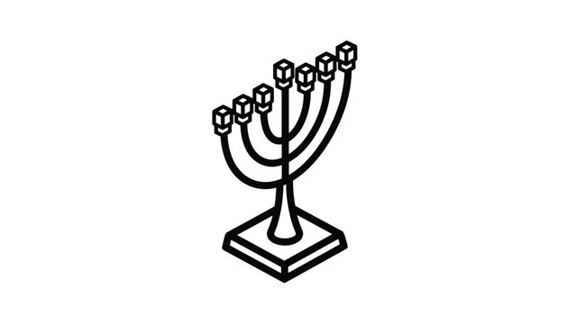 Isometric black line drawing of a traditional Jewish menorah candelabra isolated on a clean white background.