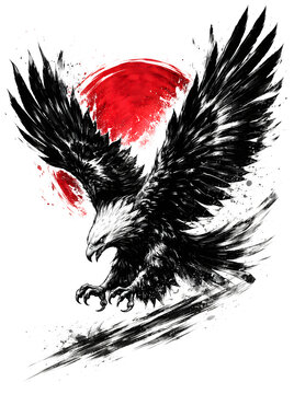 A striking swooping Japanese eagle ink splatter red sun tattoo streetwear graphic on transparent background offers an energetic wild bird concept in dynamic sumi-e brush stroke style
