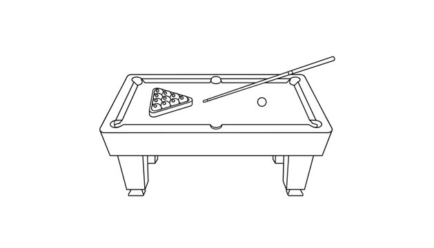 Line art illustration of a pool billiard table with a cue stick, white cue ball, and a racked triangle of balls.