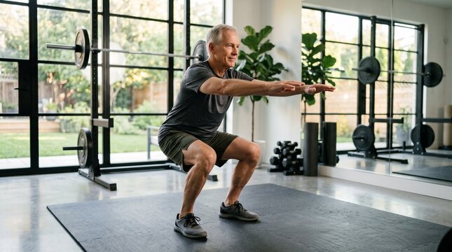 Older man doing squats in a modern home gym with weights and mirrors