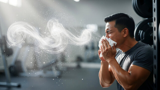 Asian man sneezing into tissue at gym. Germ particles and aerosols visualize spreading during workout. Hygiene concept for public health and fitness safety campaigns.
