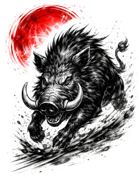 Streetwear fashion trends demand fierce prints featuring a charging wild boar ink tattoo graphic with red sun splash on transparent background, created in expressive Japanese sumi-e style