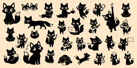 Fototapeta premium Cute Cartoon Fox Silhouette Collection for Activity Icons