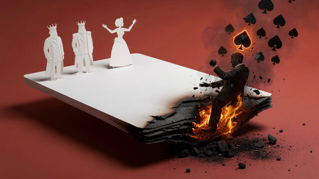 A charcoal businessman figure falls through burning paper away from white royal card characters. The scene features a charred surface, flames, and floating spade symbols. High-stakes gambling risk.