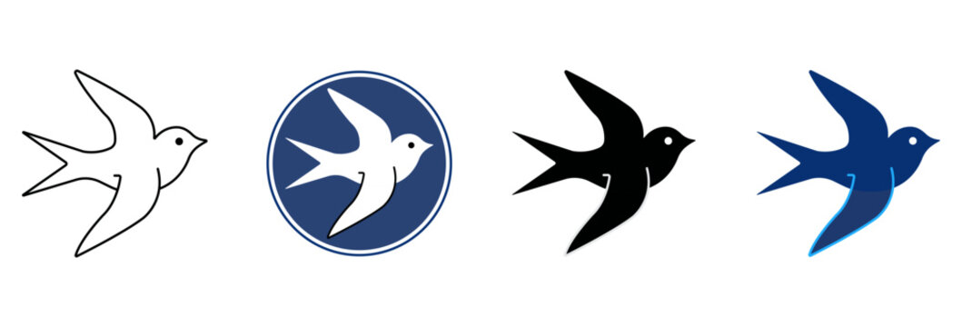 Set of four simple swallow bird icons flying in different styles including outline circle solid and blue silhouette Vector