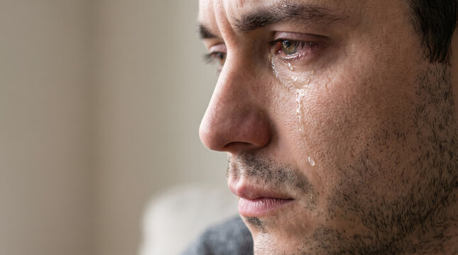 Sad man crying with tear rolling down cheek close up portrait copy space