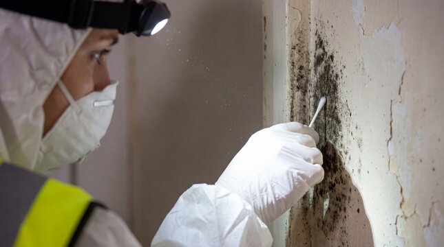 Professional inspecting black mold on wall. Specialist taking sample of toxic fungus growth.