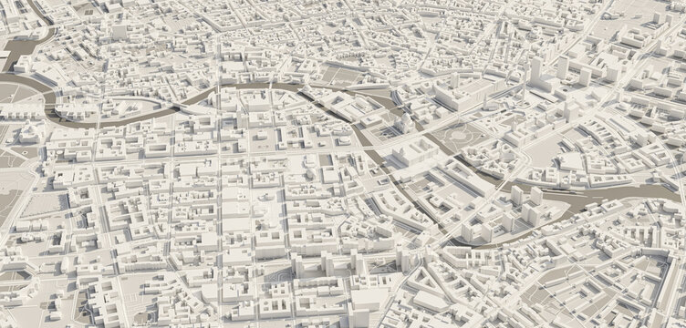 3D render of a Berlin city map. 3D illustration of an aerial view of Berlin, Germany.