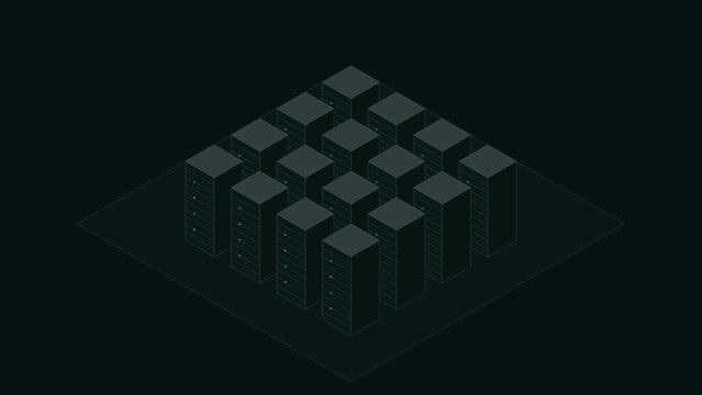Isometric Data Center Cloud Server Rack Infrastructure Vector - Tech Emerald Cluster Rack System