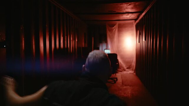 A futuristic technology operator walks into a secret container-based computer workspace filled with advanced equipment.