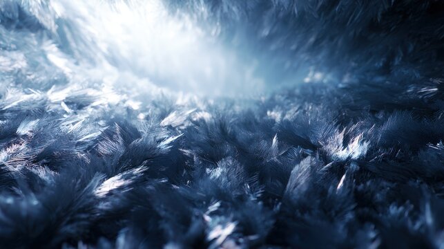 Close-up detailed view of icy frost crystal formation with sharp translucent structures and cold blue tones creating a natural frozen texture in winter environment