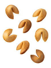 Obraz premium Seven fortune cookies spread out, isolated on transparent background, sweet baked goods.