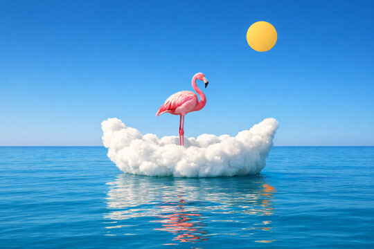 Flamant rose sur un bateau de nuage