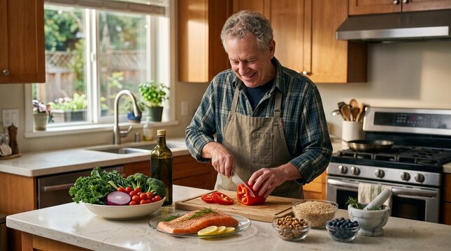 Senior man happily preparing a healthy meal in a modern kitchen