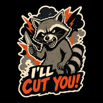 Furious Racoon with Knife, conceptual sticker illustration