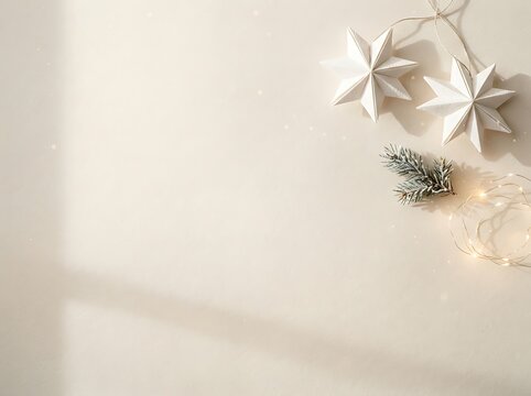 Scandinavian Minimal Christmas Background with Handmade Paper Stars, Pine Branches and Copy Space