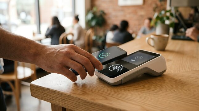Customer making contactless payment with a smartphone at a cafe counter.