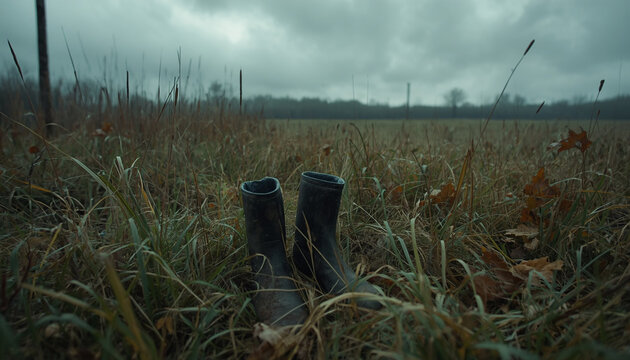 Old rubber boots in a lonely meadow &mdash; part of a folk horror and dark poetry series