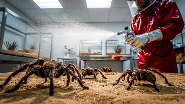 Man in protective suit spraying water mist over tarantulas in a laboratory. Scientist sanitizing arachnid enclosures in a research facility. Pest control and entomology research concept.