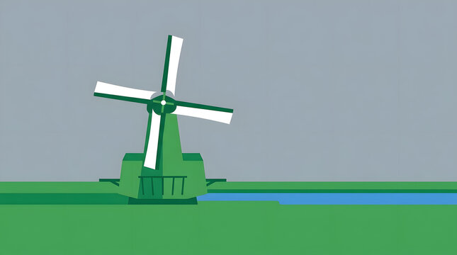 Flat vector illustration of traditional Dutch windmill in green field.