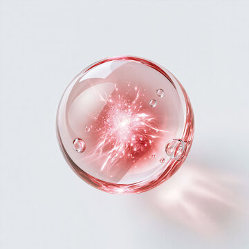 Transparent pink glass sphere with glowing burst inside on white surface