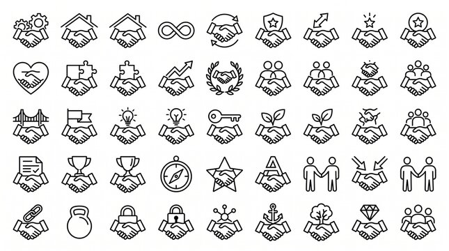 Thirty outlined handshake icons representing partnership, teamwork, agreement, trust, success, and collaboration with various symbolic elements in minimalist black and white style.