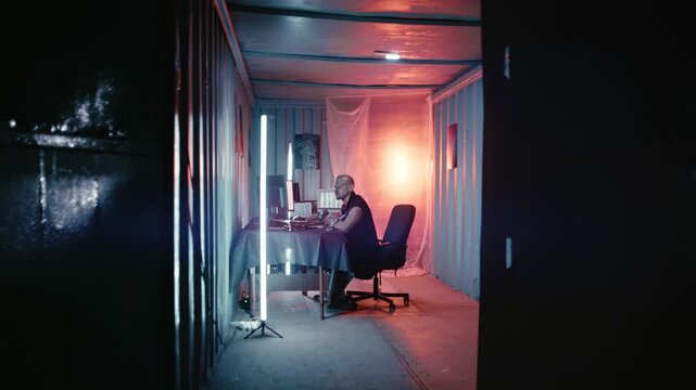 A cinematic portrait of a developer surrounded by glowing monitors and computer hardware.