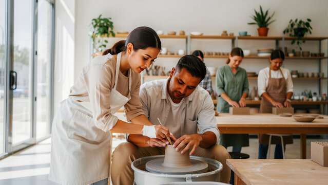 Instructor helping a man shape clay on a pottery wheel. People in aprons practicing ceramic art in a bright studio. Creative craft and hobby concept, ideal for art education and lifestyle marketing.
