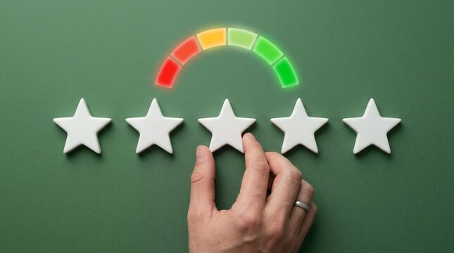 Hand giving five star rating review on green background with satisfaction gauge.