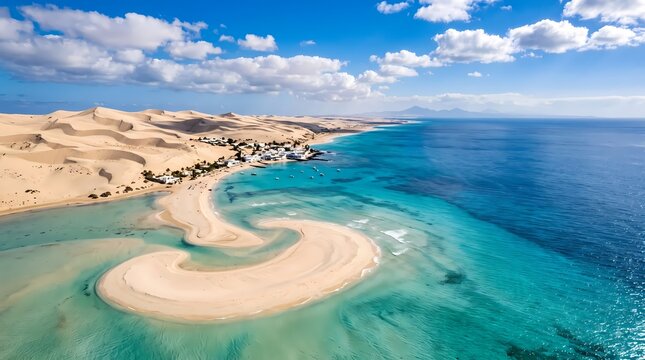 Aerial sandbar coastline. Crystal clear turquoise lagoon. Pristine coastal landscape. Travel destination photography