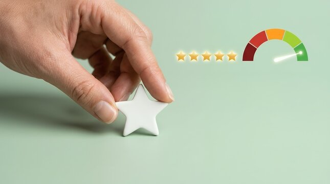 Hand placing white star rating with customer satisfaction gauge background.