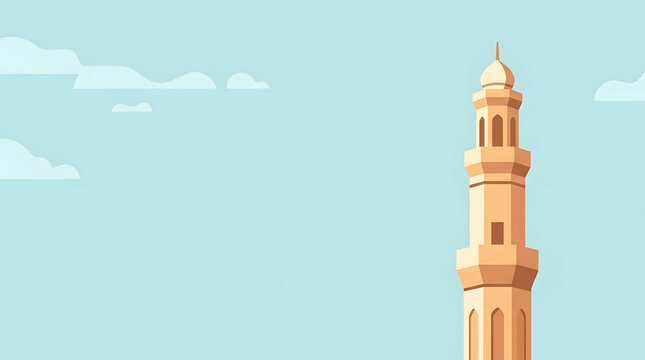Islamic minaret tower illustration against clear blue sky.