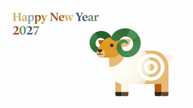Happy New Year 2027 greeting featuring a stylized ram illustration. Modern flat vector design represents the Chinese zodiac sign for the lunar celebration. Cultural concept for greeting cards.