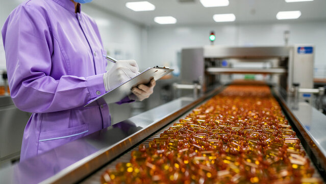 Worker in purple uniform writes on clipboard in pharmaceutical factory. Softgel capsules move along production belt for inspection. Quality control concept for healthcare and supplement marketing.