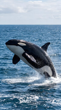 Killer whale breaching in open ocean water.