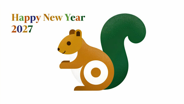 2027 Happy New Year card with squirrel illustration. Minimalist geometric animal design on white background. Festive seasonal concept for greeting cards and corporate marketing.