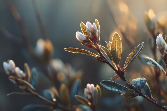 Soft golden light illuminates delicate plant buds and leaves. Ideal for spring, growth, nature, and inspirational content.