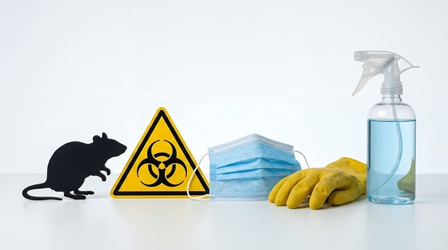 Hazardous pest control concept with rat biohazard sign face masks protective gloves and disinfectant spray on white background.